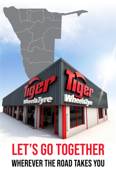 About Us A Tiger Wheel & tyre store in front of a map of Namibia