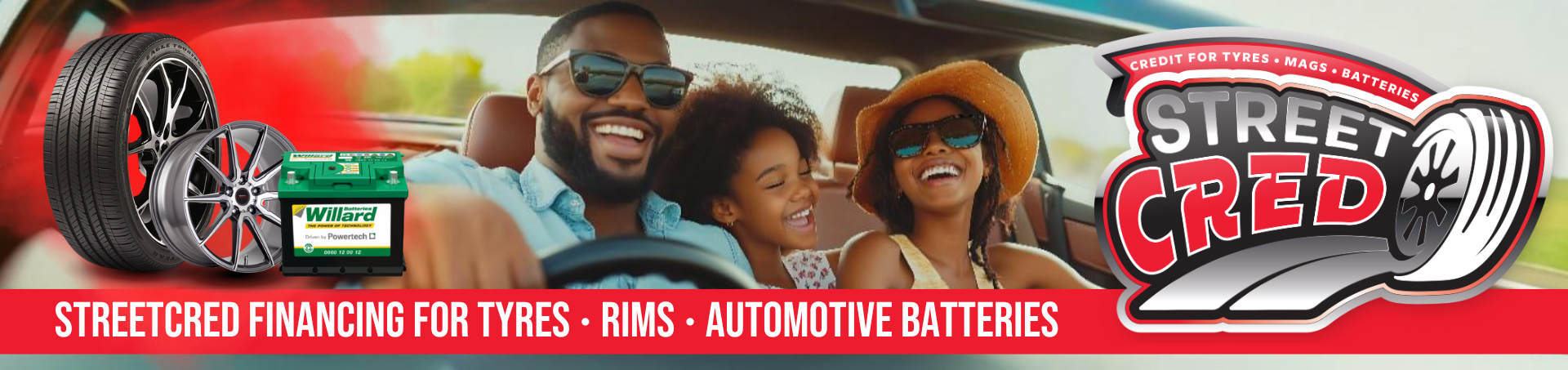 StreetCred Financing - A family of 3 driving in a car smiling and laughing